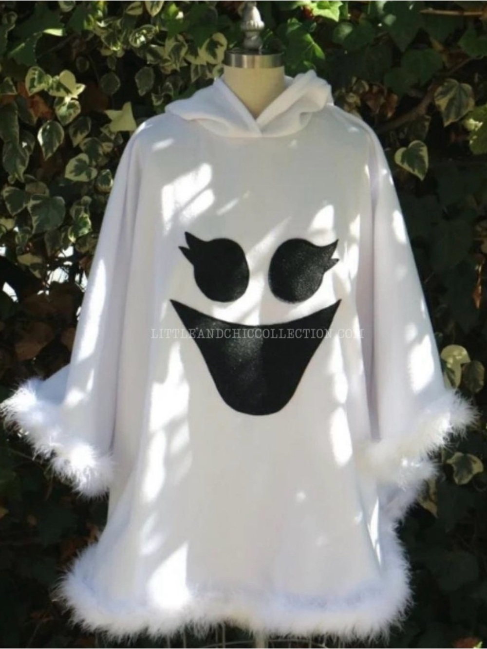 White Ghost Hooded Costume Poncho with Feather Trim